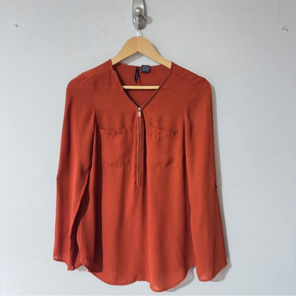 👉 New Directions Rust Orange Zip Front V-Neck Blouse Long Sleeve Small